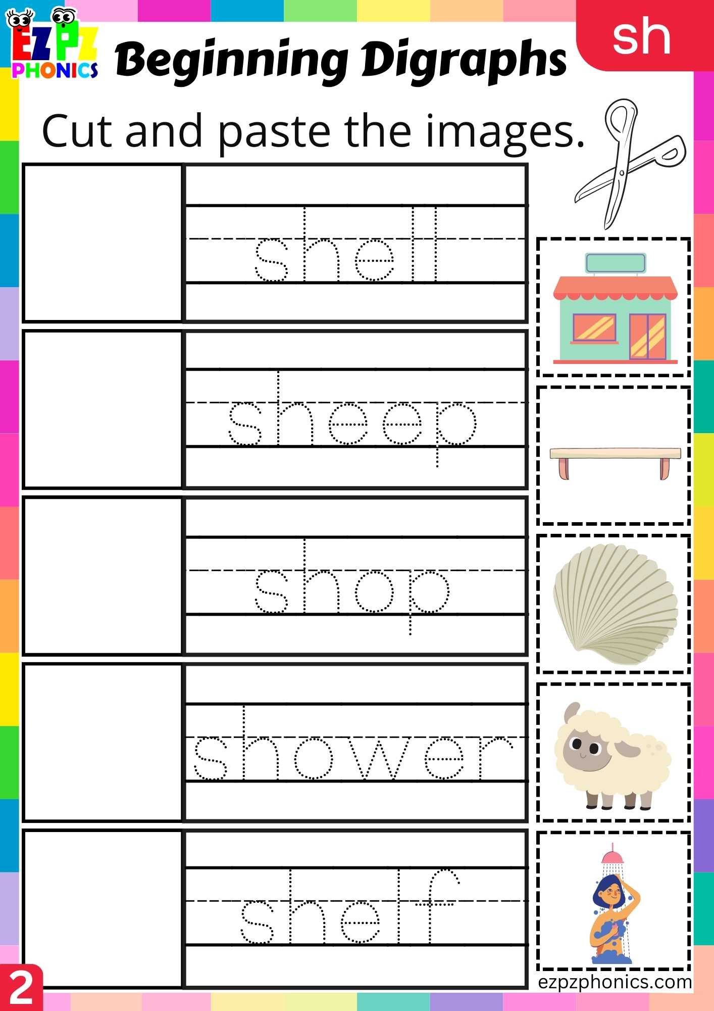 Group2 SH Words Cut And Paste The Images Consonant Digraphs Phonics Beginning Worksheet
